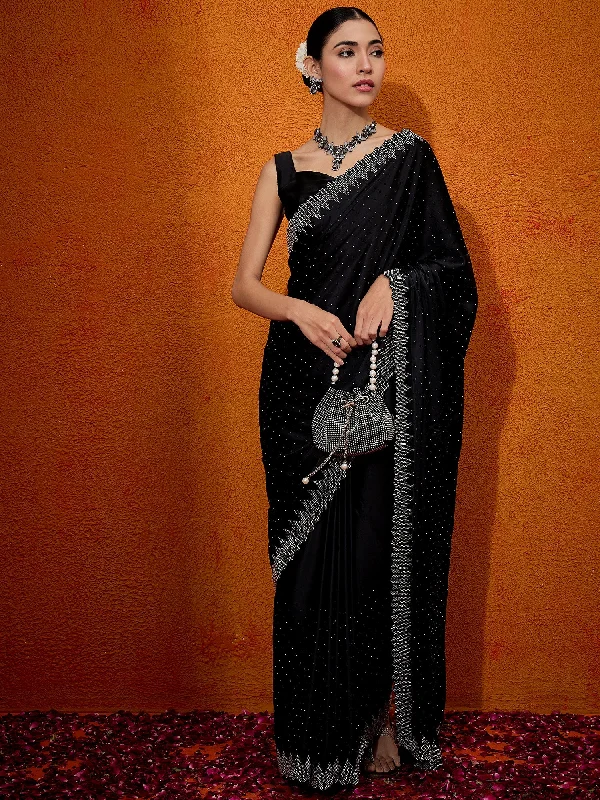 Women's Satin Silk Black Embellished Designer Saree With Blouse Piece Chic Sleeveless Blouse