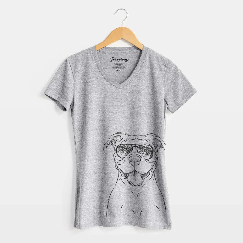 Aviator Tyson the American Bulldog - Women's V-neck Shirt-- Real Fur Shearling Chenille