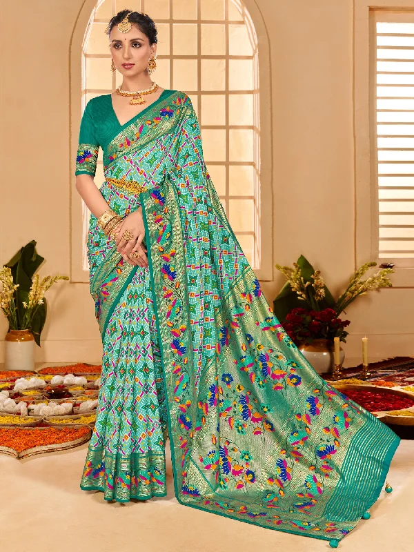 Women's Tussar Silk Light Blue Printed Designer Saree With Blouse Piece Smart Casual Blouse