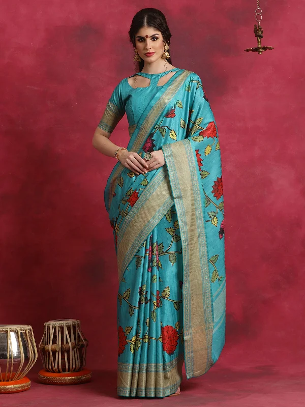 Women's Cotton Blend Blue Printed Designer Saree With Blouse Piece Airy Cotton Blouse