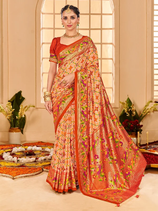 Women's Tussar Silk Peach Printed Designer Saree With Blouse Piece Elegant Peplum Blouse