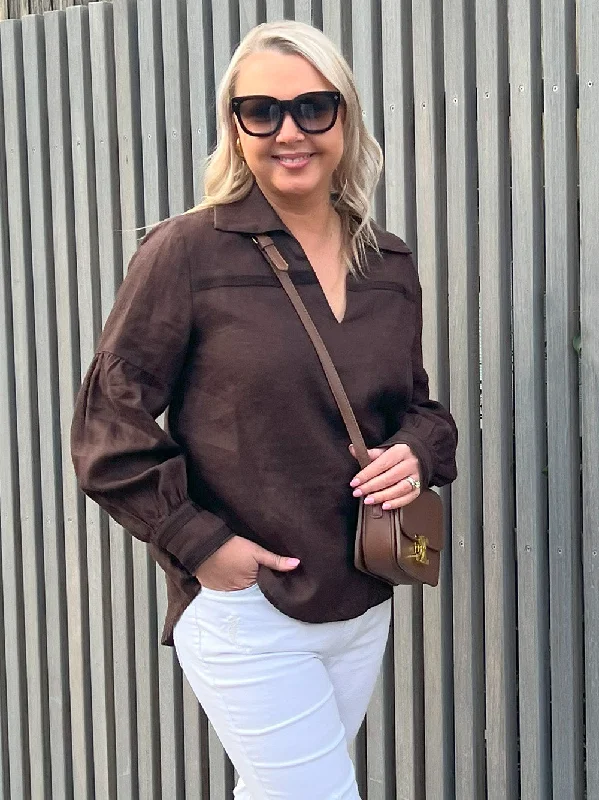 Eliza Linen Shirt - Chocolate-- Chenille Blend Fleece Blend Nylon Blend