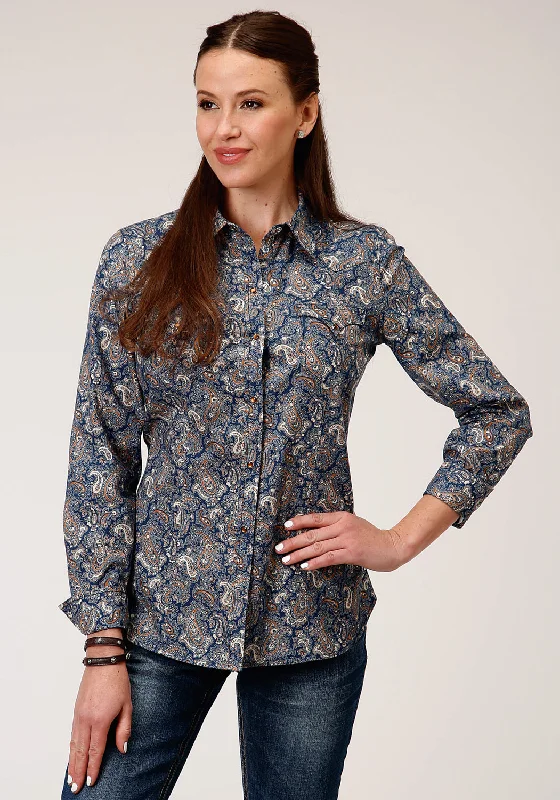 Roper Womens Blue 100% Cotton River Paisley L/S Shirt-- Thin T-Shirt Open Front Quick Dry