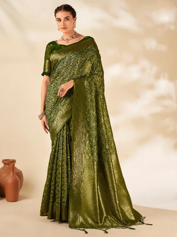 Women's Cotton Silk Green Woven Design Designer Saree With Blouse Piece Double-Layered Blouse