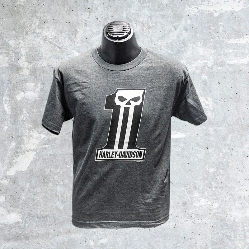 Milwaukee Harley Davidson- Charcoal Gray T-Shirt with Dark Custom Skull-- Sequined Glittery Shiny