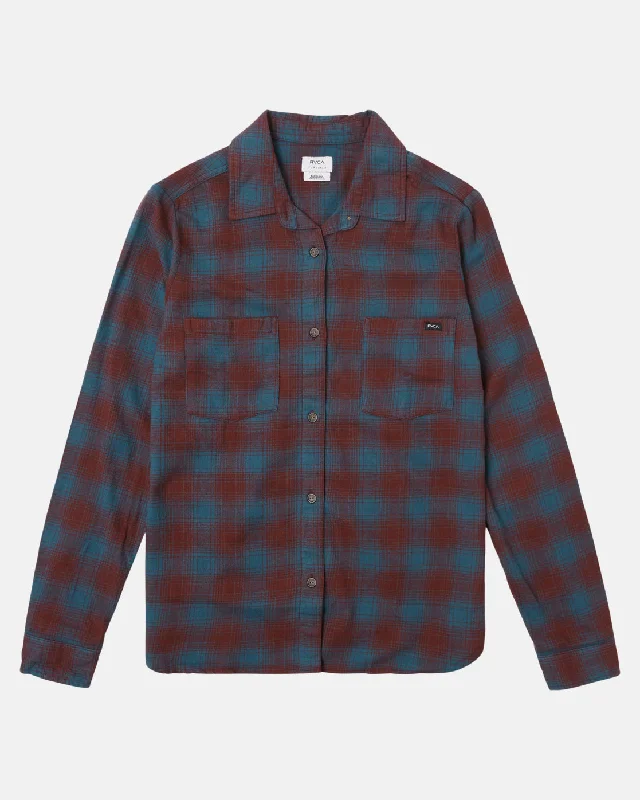 Figueroa Oversized Long Sleeve Flannel Shirt - Wine-- Welt Pockets Slit Pockets Flap Pockets