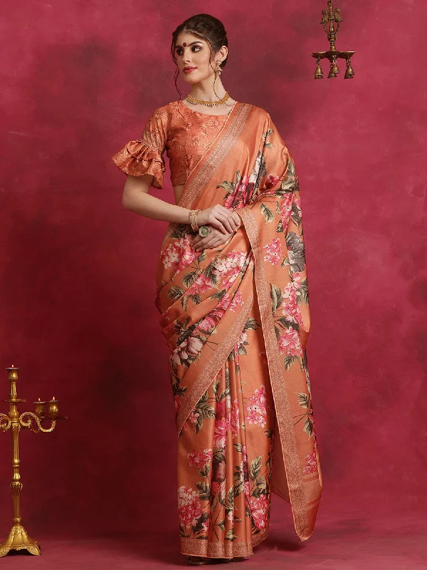 Women's Cotton Blend Orange Printed Designer Saree With Blouse Piece Casual Button Blouse