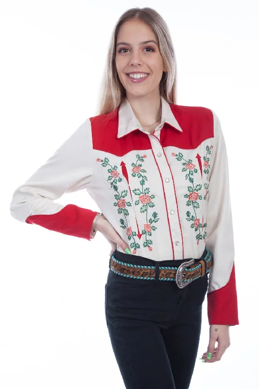 Scully Womens Ivory/Red Polyester Rose and Vine L/S Shirt-- Fashionable Trendy Casual