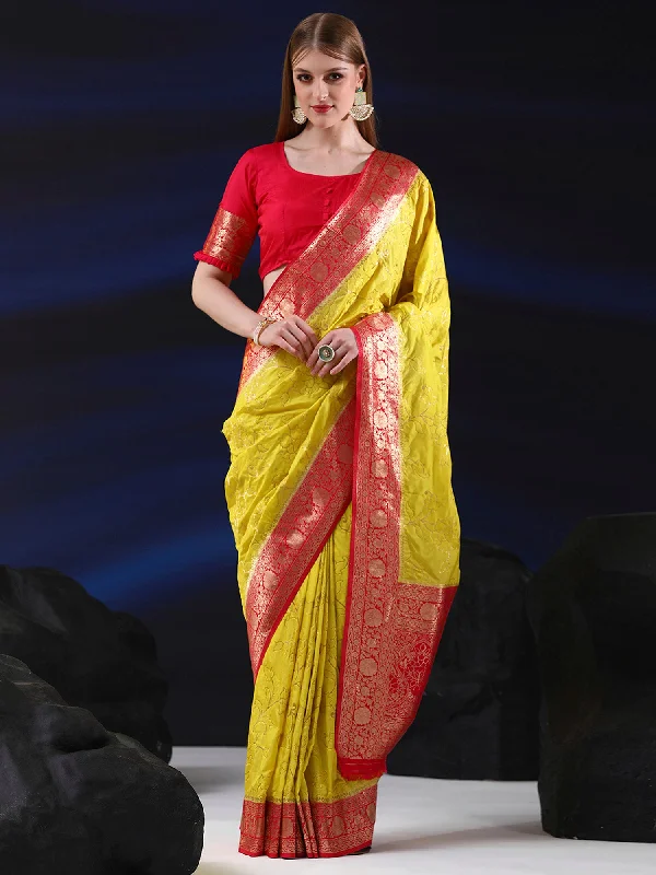 Women's Silk Blend Lemon Yellow Woven Design Designer Saree With Blouse Piece Office-Ready Blouse