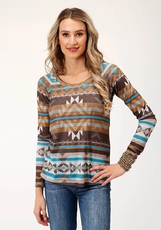 Roper Womens Aztec Raglan Sleeves Brown Polyester L/S T-Shirt-- Elegant Classic Vintage
