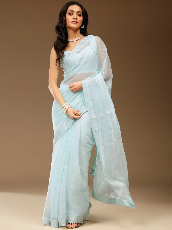 Women's Chiffon Light Blue Embellished Designer Saree With Blouse Piece Wrap Front Blouse