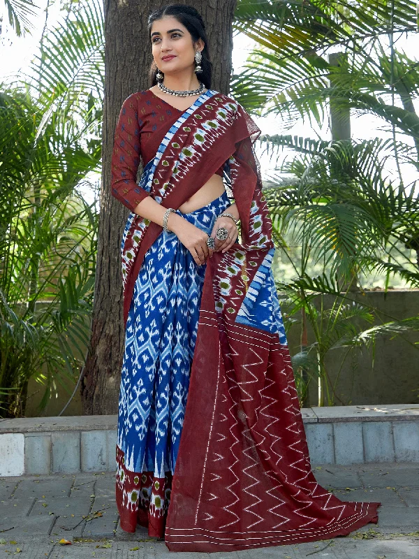 Women's Cotton Blue Printed Designer Saree With Blouse Piece Short Sleeve Blouse