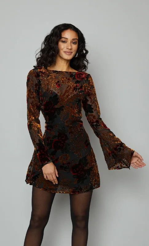 Brown Burnout Shift Mini Dress Elegant Floral-Print Mini Dress