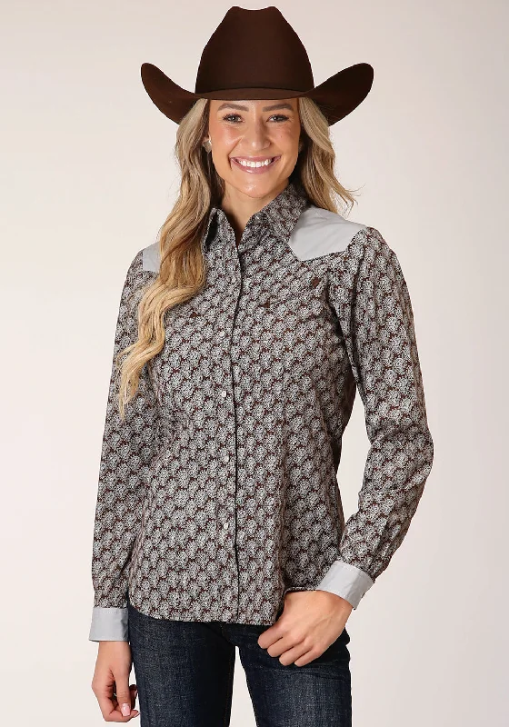 Roper Womens Chocolate/Cream Cotton Blend Teardrop L/S Shirt-- Fleece Fabric Down Fabric Feather Fabric