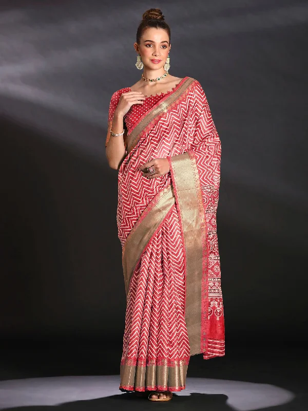 Women's Art Silk Red Printed Designer Saree With Blouse Piece Mandarin Collar Blouse
