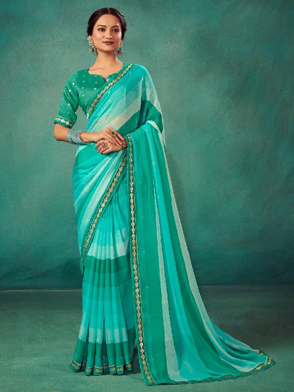 Women's Chiffon Teal blue Embellished Designer Saree With Blouse Piece Elegant Lace Blouse