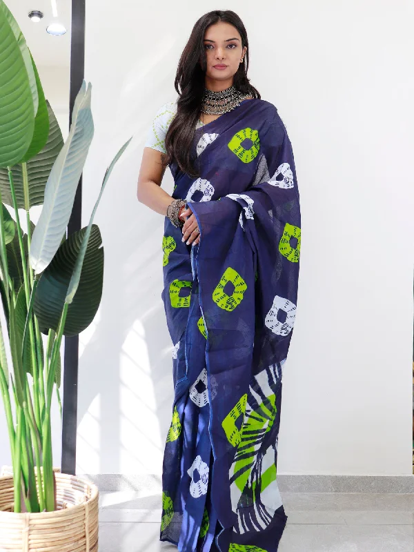 Women's Cotton Navy Blue Printed Ready to Wear With Blouse Piece Cotton Casual Blouse