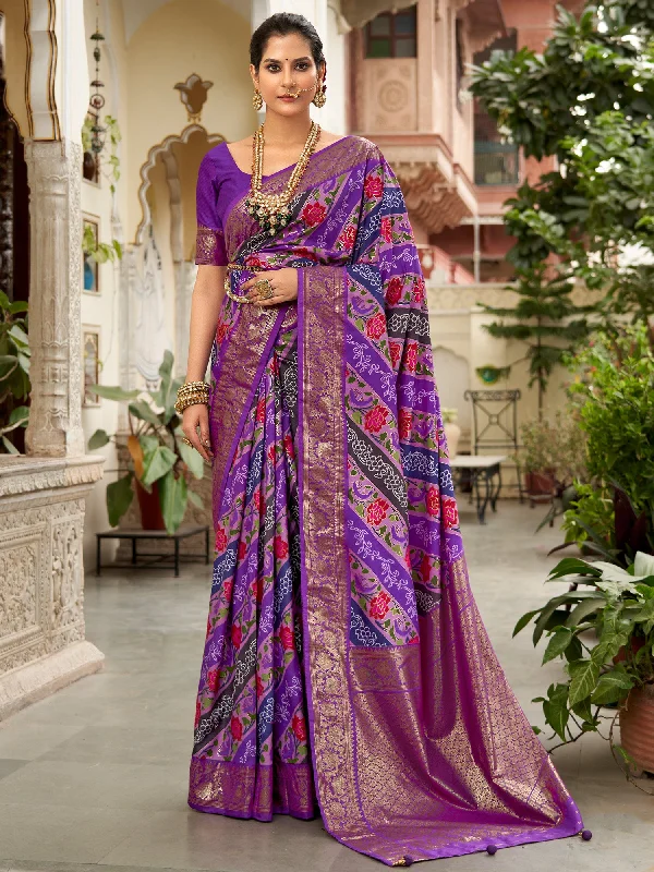 Women's Tussar Silk Purple Printed Designer Saree With Blouse Piece Chic Square Blouse