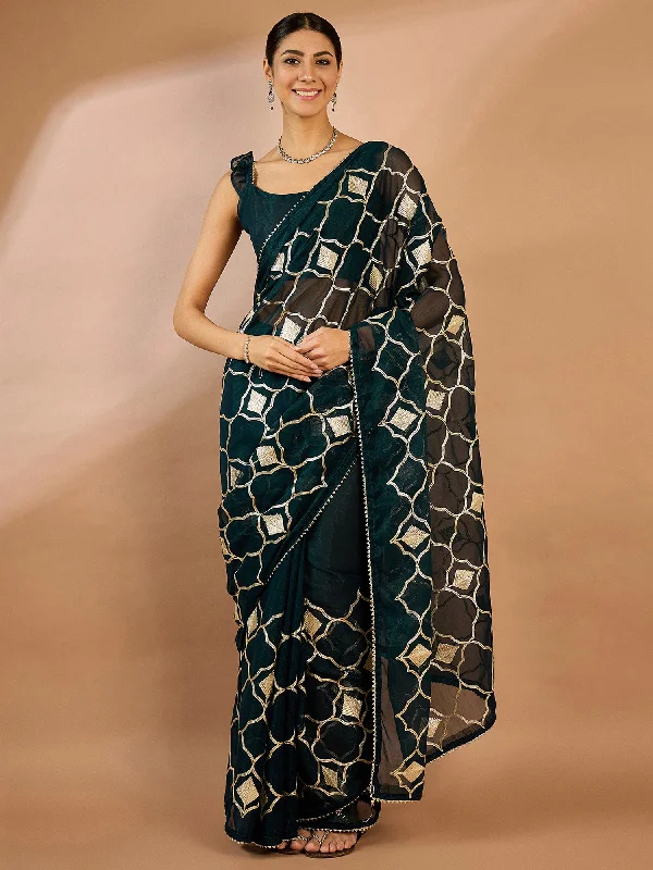 Women's Georgette Teal blue Embellished Designer Saree With Blouse Piece Satin Long Blouse