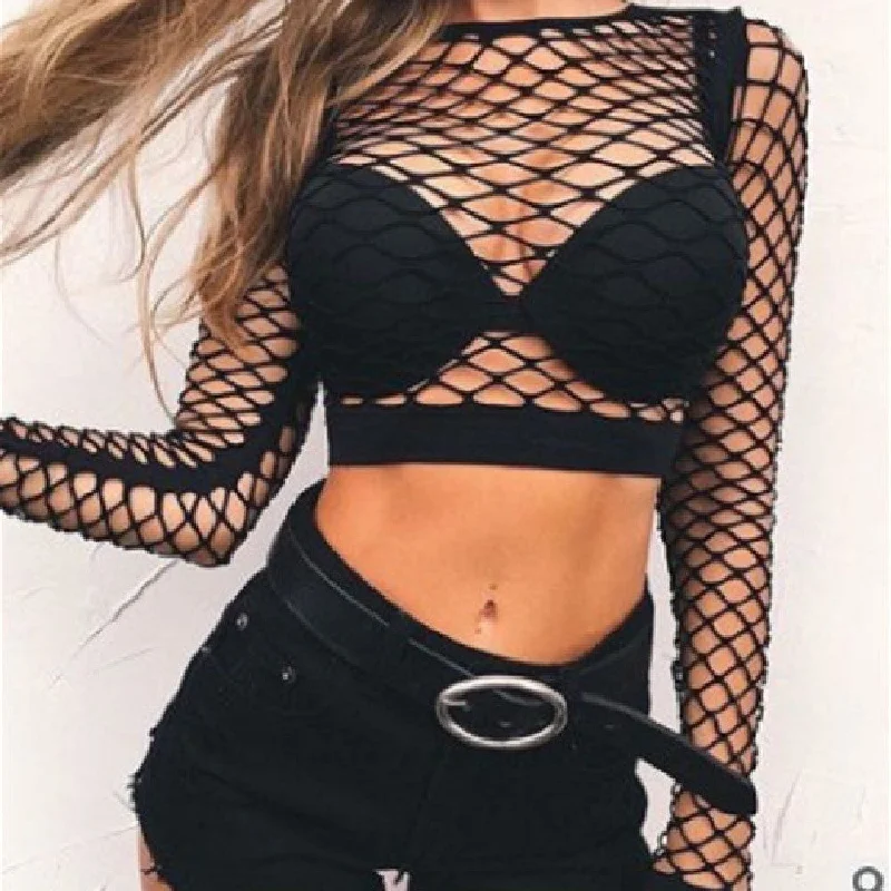 Fit High Waist Hollow-out See-through Fishnet Navel T-shirt Wear Women-- Collared T-Shirt Boat Neck A-Line