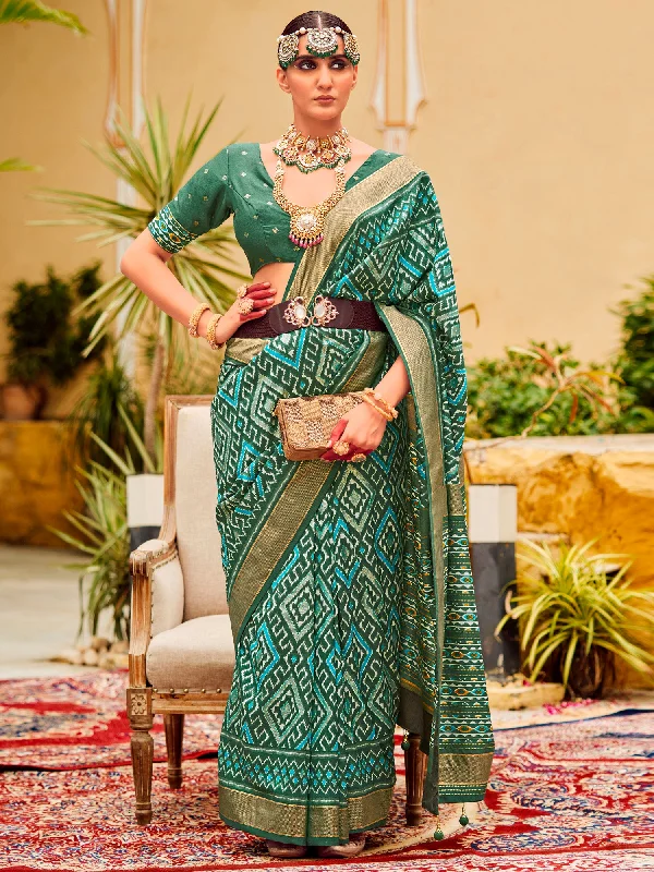 Women's Tussar Silk Sea Green Printed Designer Saree With Blouse Piece Peter Pan Collar Blouse