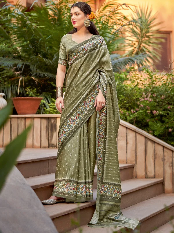 Women's Cotton Blend Olive Printed Designer Saree With Blouse Piece Frilled Cuff Blouse