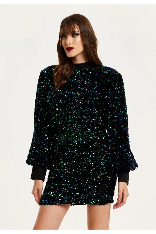 Liquorish Black Velvet Based Green And Blue Sequin Mini Dress Elegant Tulle Mini Dress