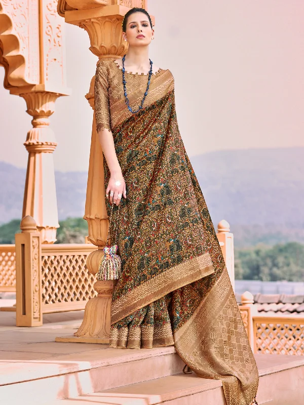 Women's Silk Blend Multicolored Woven Design Designer Saree With Blouse Piece Bell Sleeve Blouse