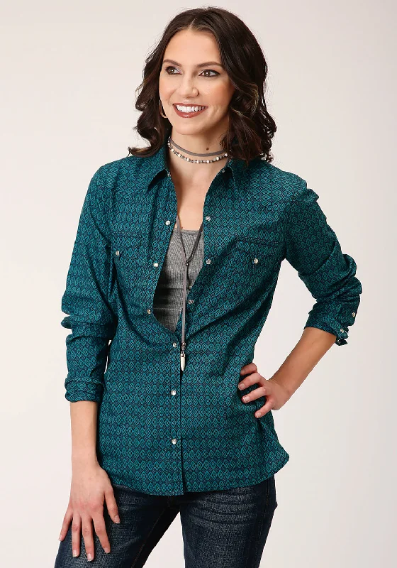 Roper Womens Green 100% Cotton Diamonds Print L/S Shirt-- Modern Contemporary Chic