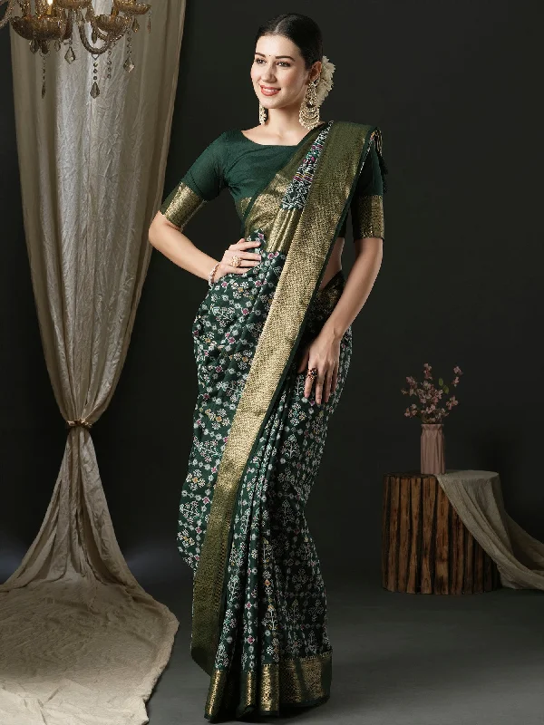 Women's Silk Blend Dark Green Woven Design Designer Saree With Blouse Piece Feminine Tie Blouse