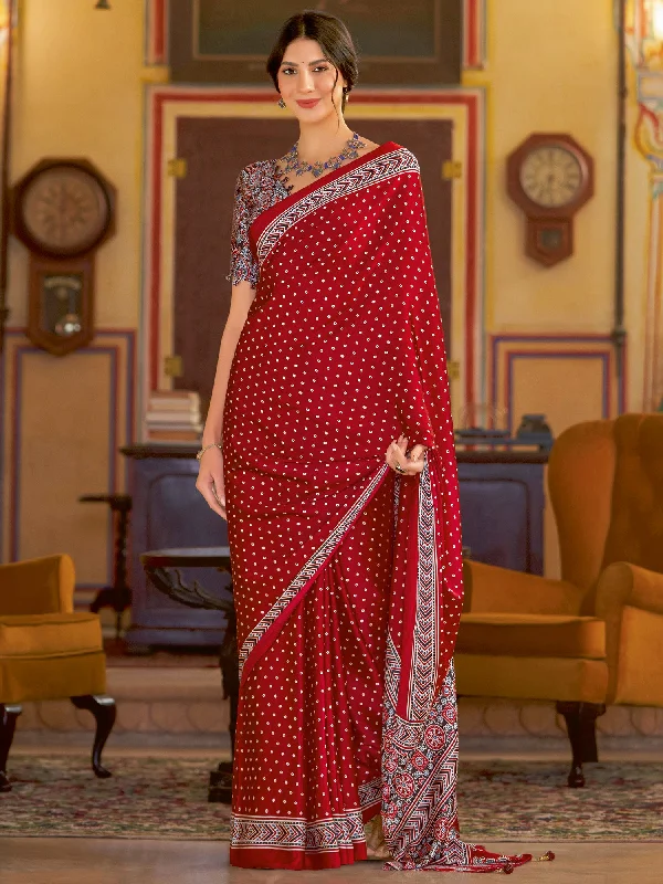 Women's Crepe Red Printed Designer Saree With Blouse Piece Frilled Cuff Blouse