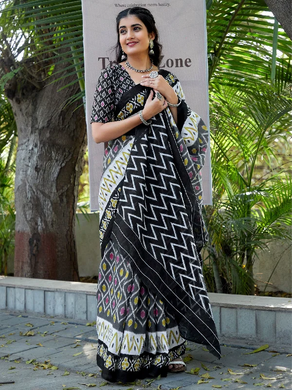 Women's Cotton Grey Printed Designer Saree With Blouse Piece Frilled Cuff Blouse