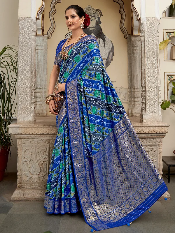 Women's Tussar Silk Blue Printed Designer Saree With Blouse Piece Silky Draped Blouse
