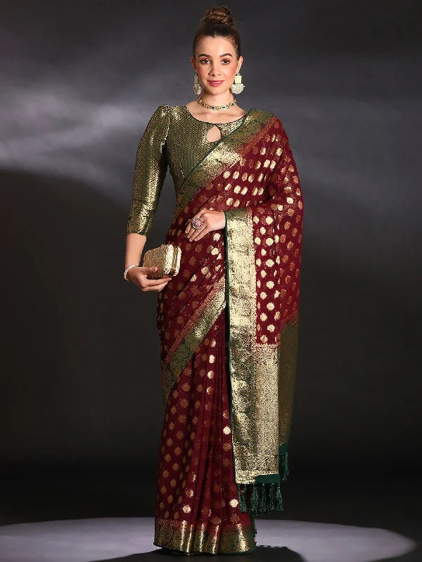 Women's Georgette Burgundy Woven Design Designer Saree With Blouse Piece Versatile Layering Blouse