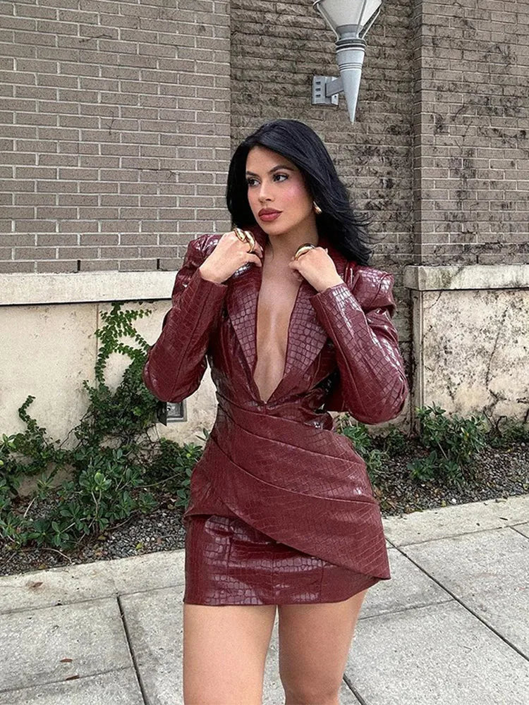 Advbridge Chic Burgundy Women's Deep V-neck Leather Mini Dress Elegant Long Sleeved Slim Fit High Waist Dresses Lady 2024 High Streetwear Chic Puff Sleeve Mini Dress