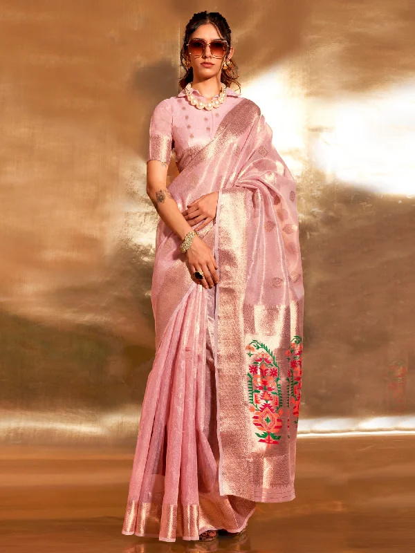 Women's Tissue Pink Woven Design Designer Saree With Blouse Piece Elegant Office Blouse