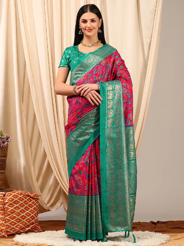 Women's Cotton Blend Pink Printed Designer Saree With Blouse Piece Elegant Silk Blouse