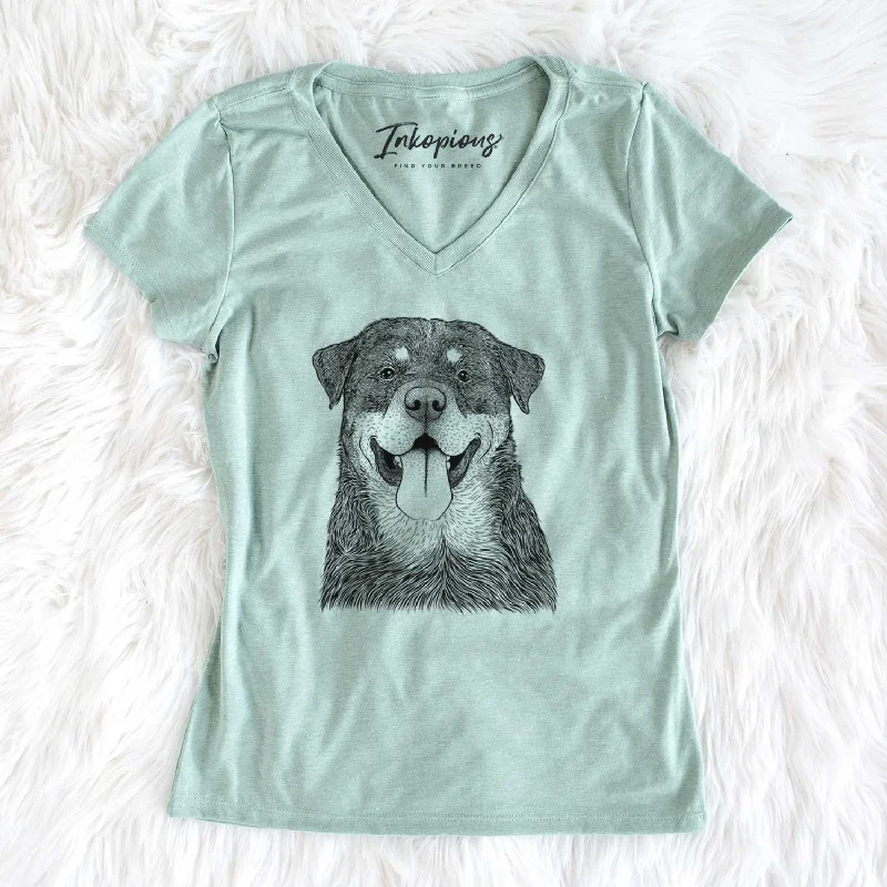 Bare Romeo the Rottweiler - Women's V-neck Shirt-- Handmade Hand-knitted Hand-woven