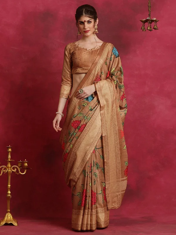 Women's Cotton Blend Brown Printed Designer Saree With Blouse Piece Playful Puff Blouse
