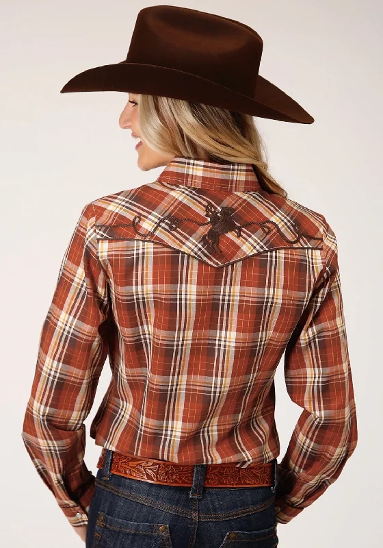 Roper Womens Rust/Brown Cotton Blend Bronc Rider L/S Plaid Shirt-- Oversized T-Shirt Spandex breathable