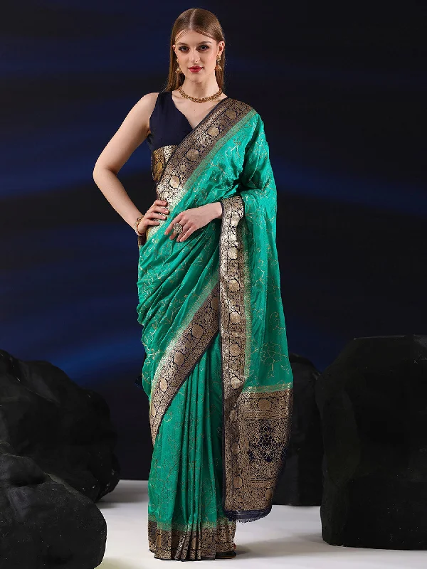 Women's Silk Blend Teal blue Woven Design Designer Saree With Blouse Piece Romantic Lace Blouse