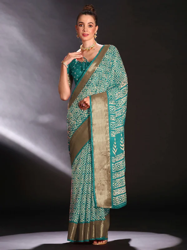 Women's Art Silk Light Blue Printed Designer Saree With Blouse Piece Modern Work Blouse