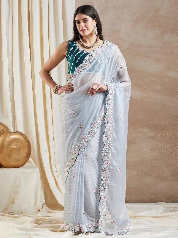 Women's Georgette Grey Embellished Designer Saree With Blouse Piece Silky Tunic Blouse