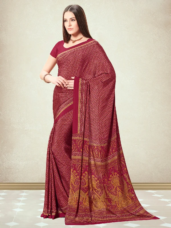Women's Crepe Maroon Printed Designer Saree With Blouse Piece Subtle Shimmer Blouse