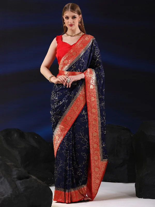 Women's Silk Blend Navy Blue Woven Design Designer Saree With Blouse Piece Soft Modal Blouse