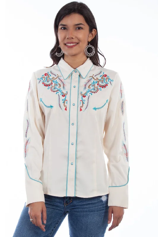 Scully Womens Cream Cotton Blend Feather L/S Shirt-- Mesh Blend Leather Blend Suede Blend