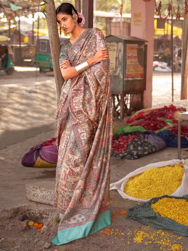 Women's Silk Blend Beige Printed Designer Saree With Blouse Piece Modern Work Blouse