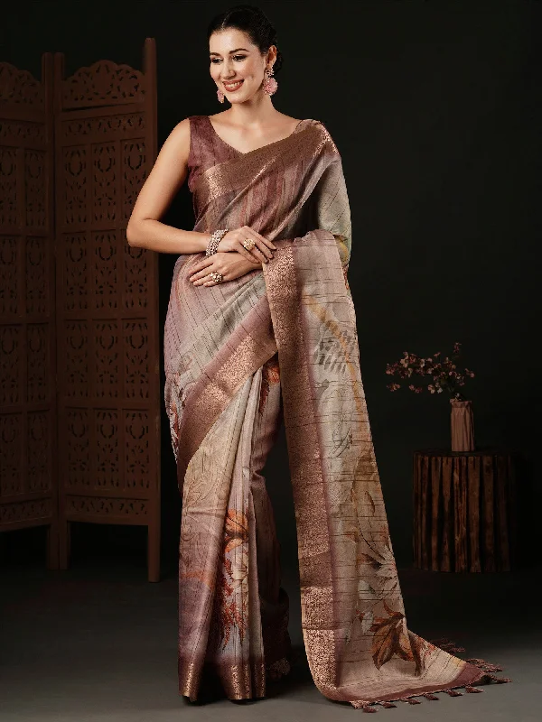 Women's Banarasi Silk Brown Printed Designer Saree With Blouse Piece Sleeveless Summer Blouse