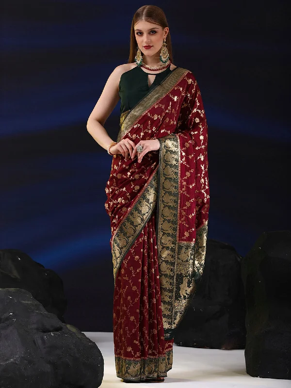 Women's Silk Blend Maroon Woven Design Designer Saree With Blouse Piece Elegant Peplum Blouse