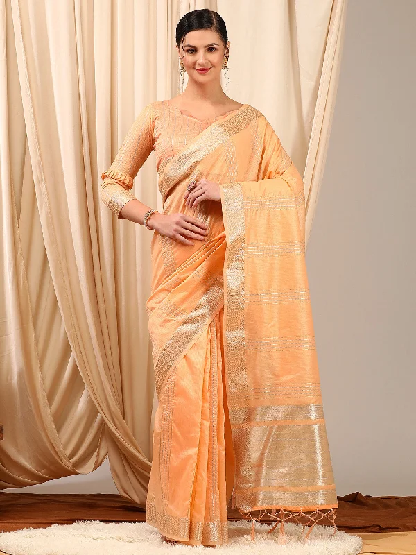 Women's Linen Peach Woven Design Designer Saree With Blouse Piece Sheer Sleeve Blouse